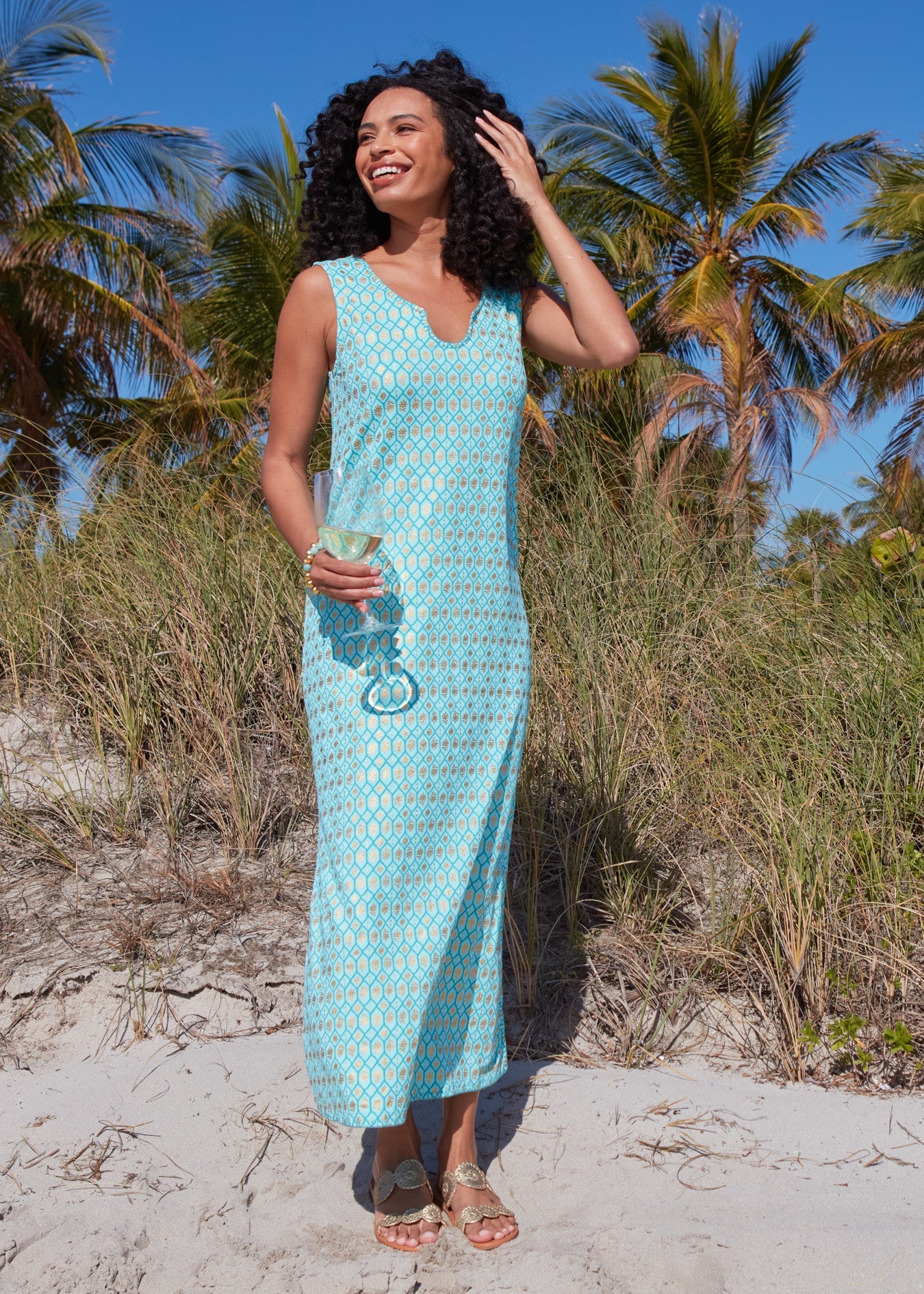 Aqua Metallic Side Slit Maxi Dress ...