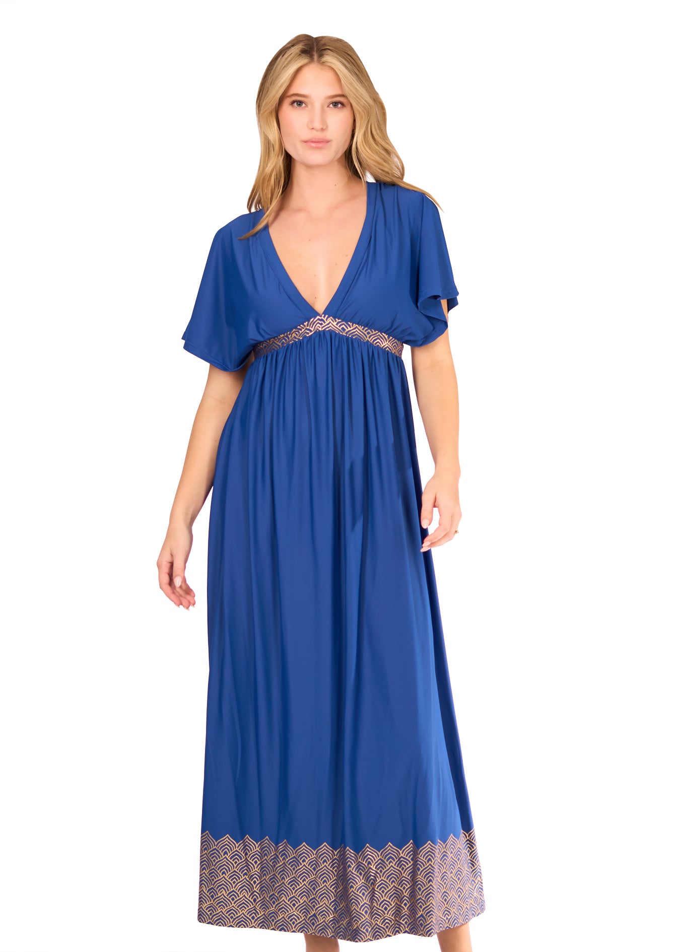 Front of woman wearing Navy Blue Metallic Flutter Sleeve Maxi Dress