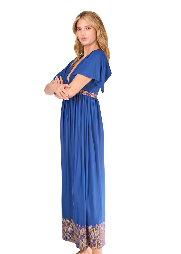 Side of woman wearing Navy Blue Metallic Flutter Sleeve Maxi Dress