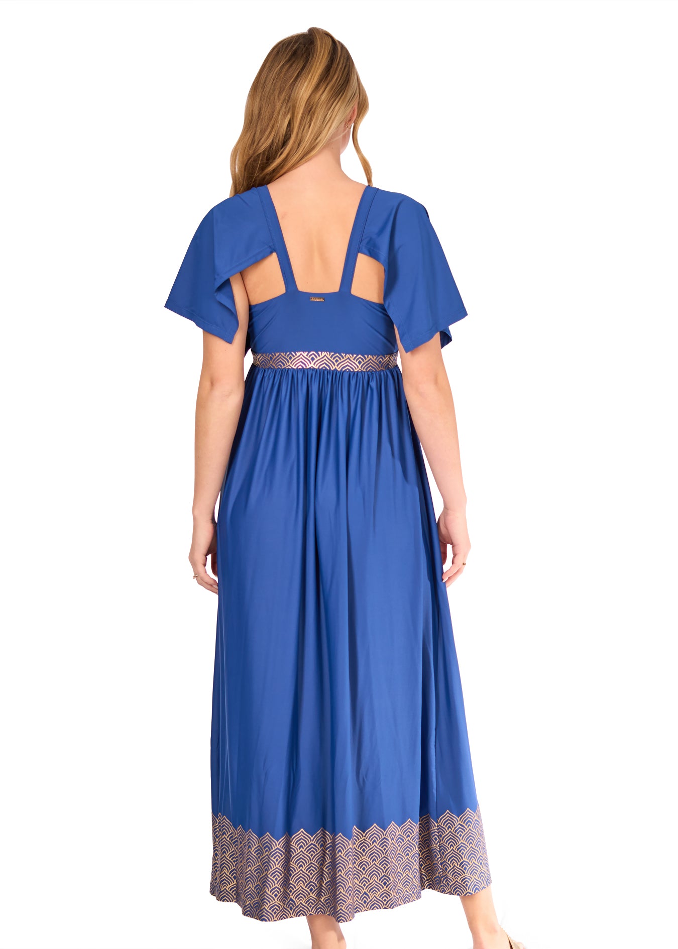 Back of woman wearing Navy Blue Metallic Flutter Sleeve Maxi Dress