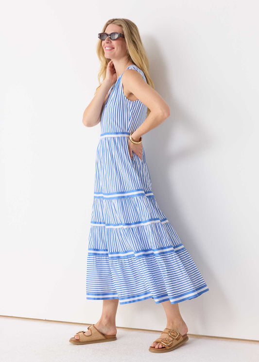 Blonde women turned to the side wearing sun protective Palm Beach Sleeveless Tiered Maxi Dress in a studio.