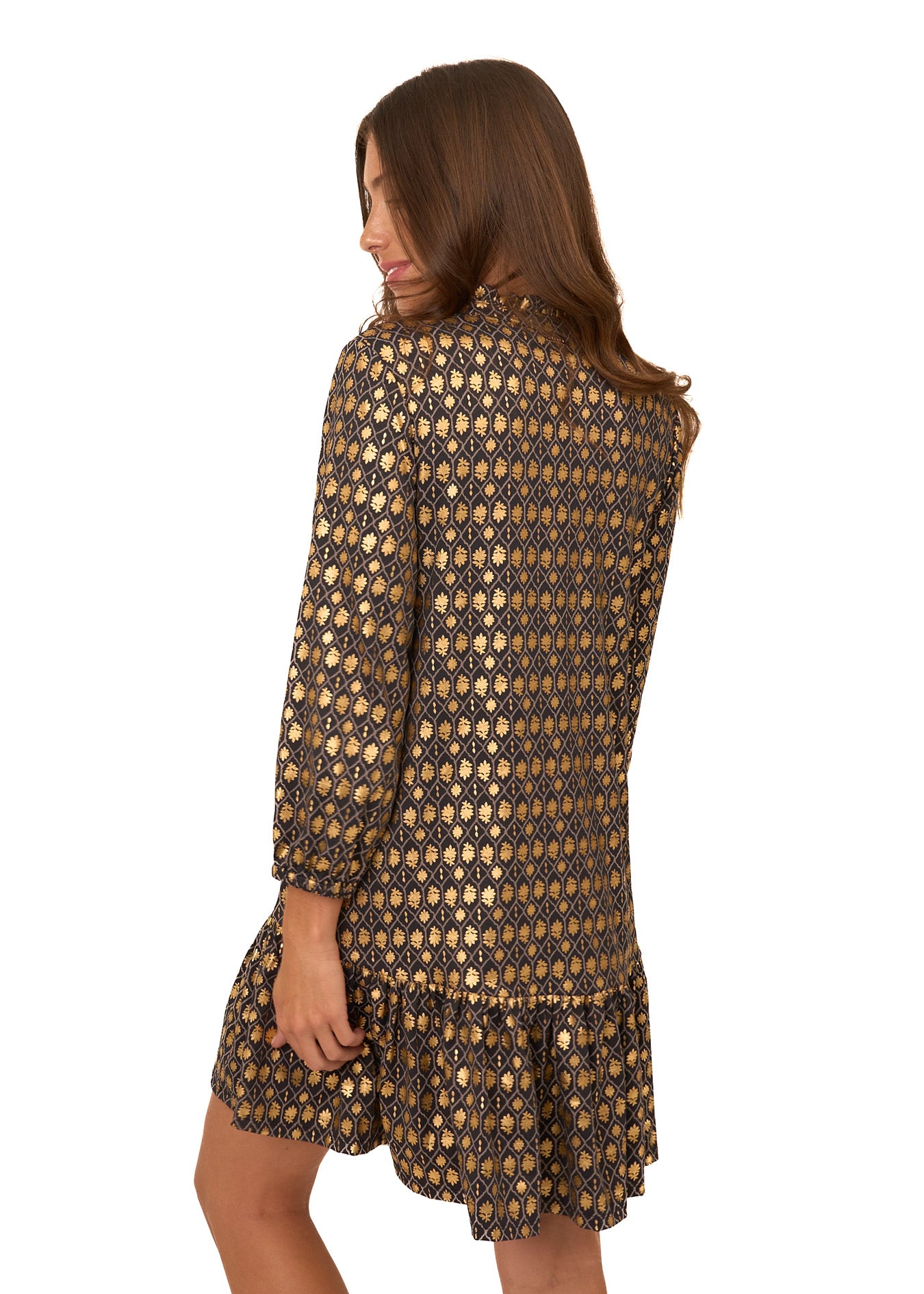 The back of a brunette woman wearing Cabana Life's sun protective Black Metallic Relaxed Dress on a white background.