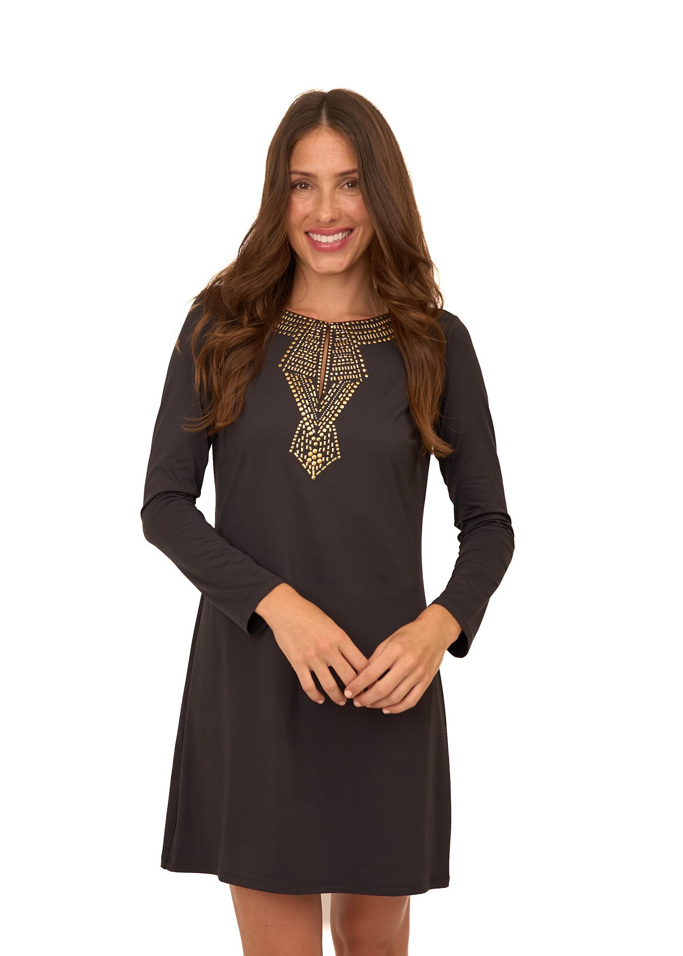 A brunette woman wearing the Cabana Life sun protective Black/Gold Metallic Keyhole Dress on a white background.