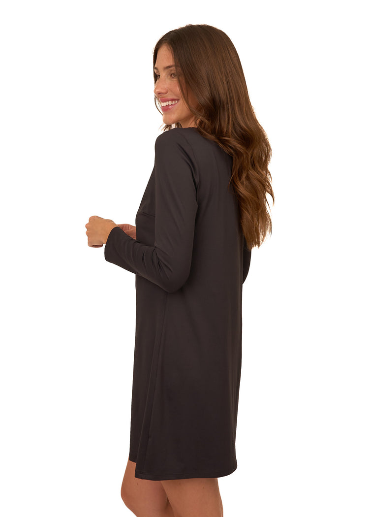 The side of a brunette woman wearing the Cabana Life sun protective Black/Gold Metallic Keyhole Dress on a white background.