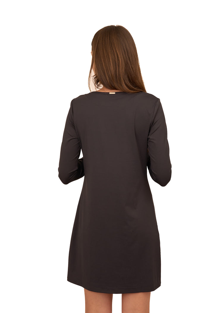 A back of a brunette woman wearing the Cabana Life sun protective Black/Gold Metallic Keyhole Dress on a white background.