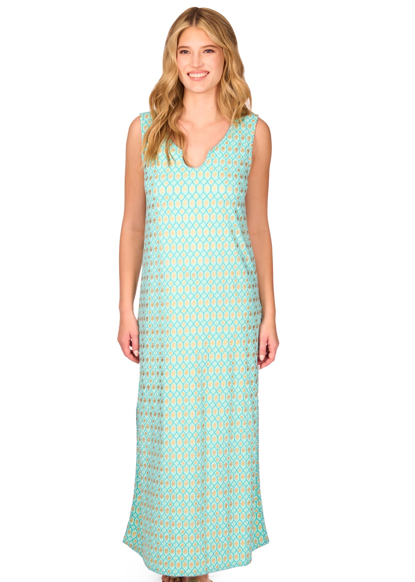 A blonde woman wearing the Aqua Metallic Side Slit Maxi Dress on a white background.