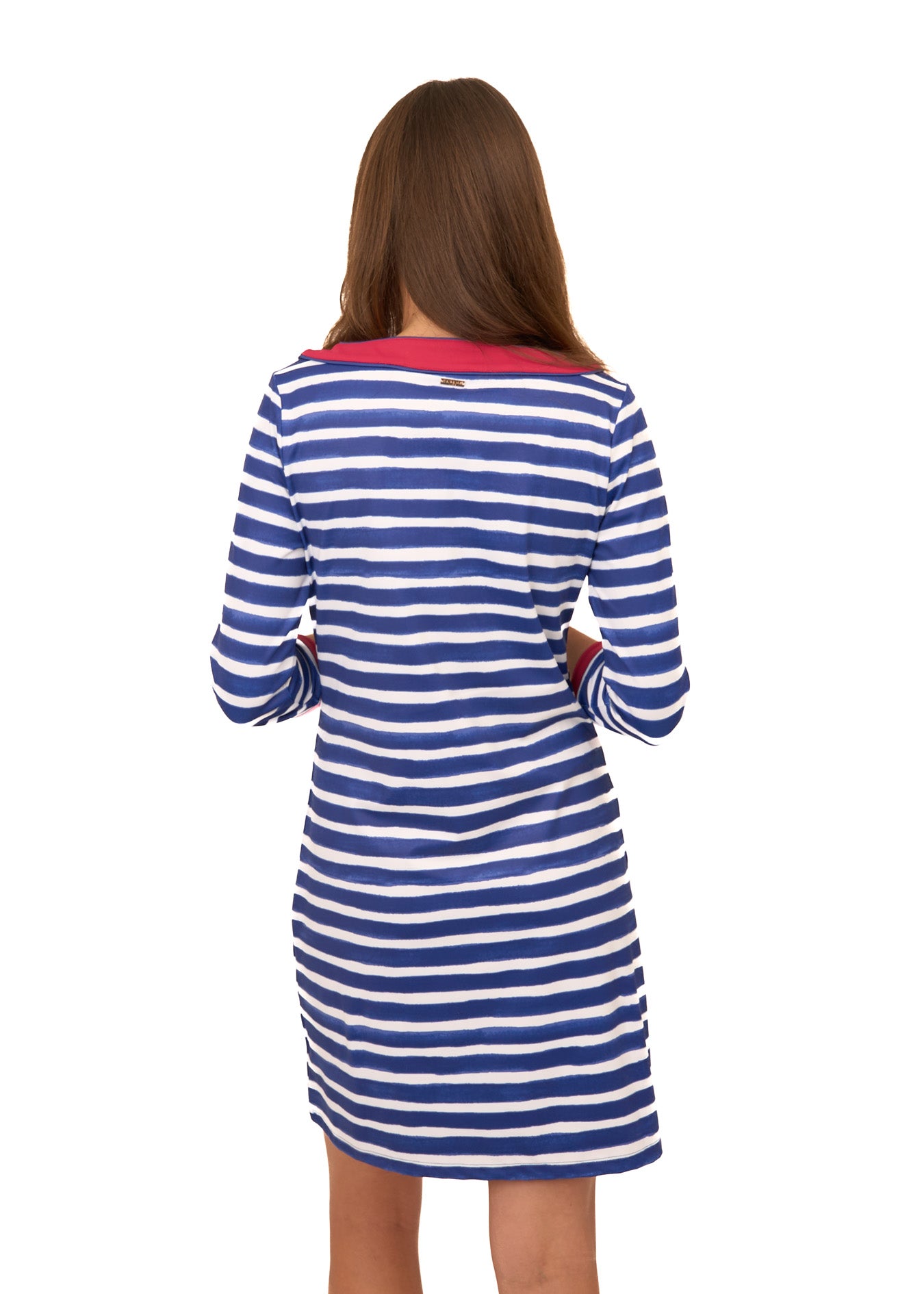 The back of a brunette woman wearing Cabana Life's sun protective Watercolor Stripe Cabana Shift Dress on a white background.