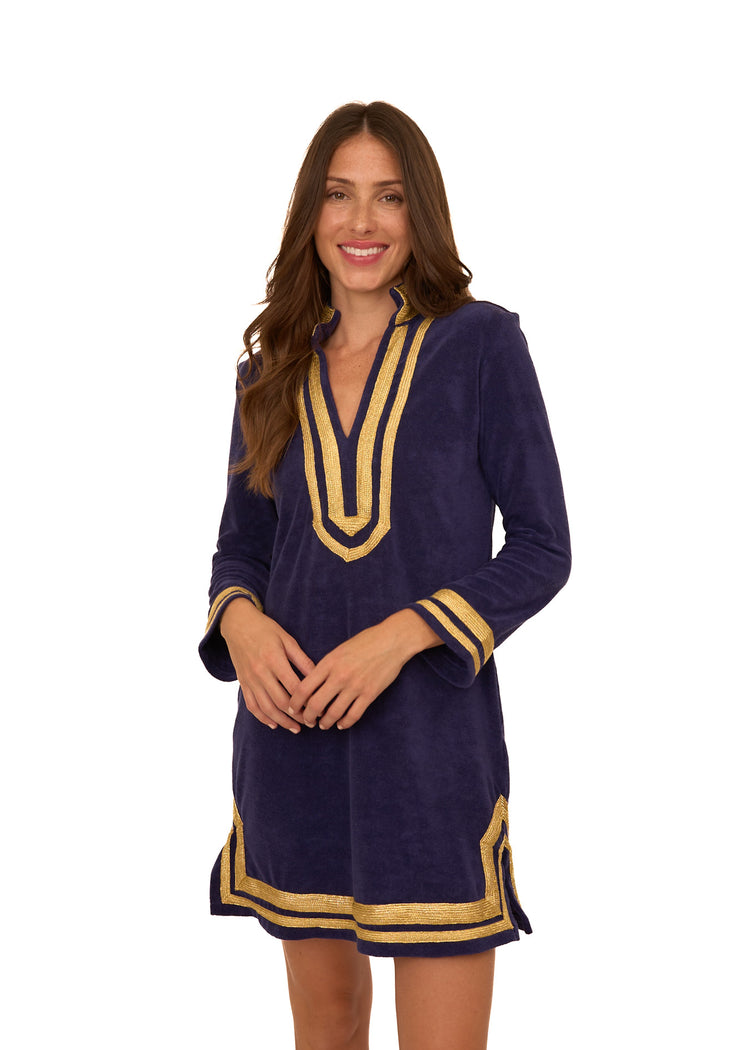 A front facing studio image featuring the cozy, sun protective Cabana Life Navy/Gold Terry Tunic.