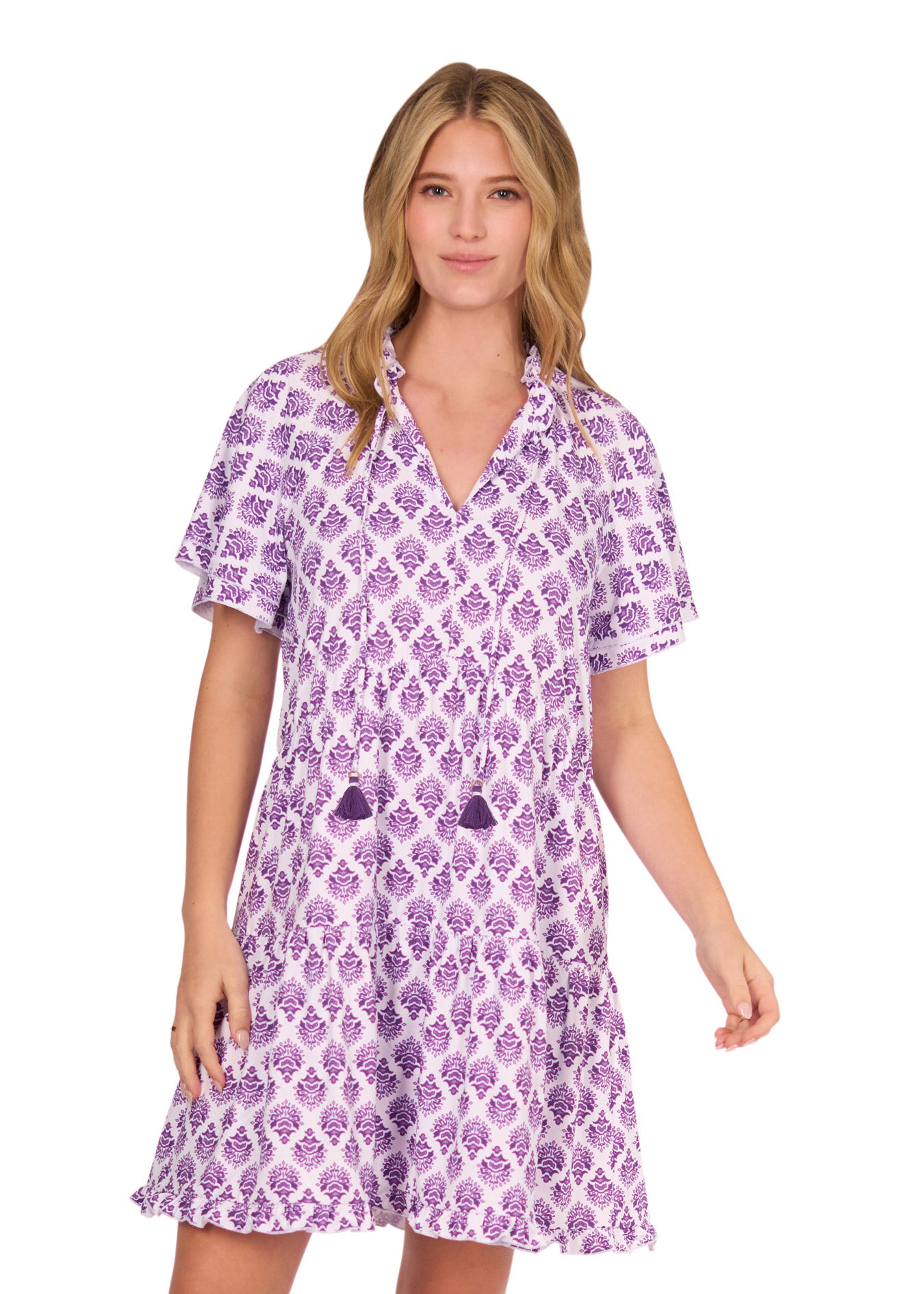 Purple Game Day Short Sleeve Tiered Dress Cabana Life