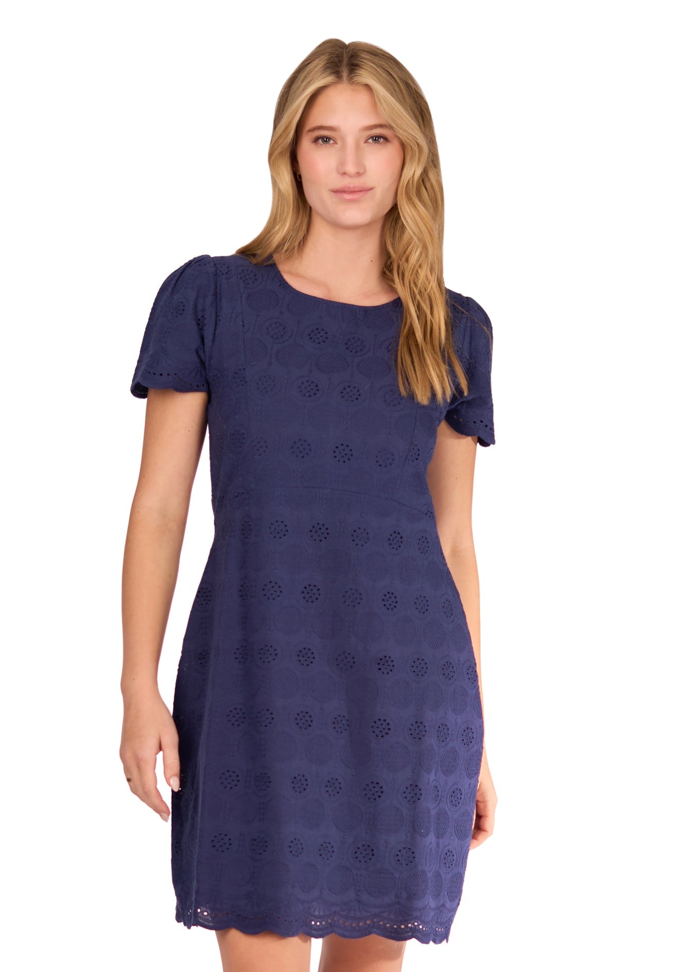 Navy Eyelet Short Sleeve Shift Dress XS