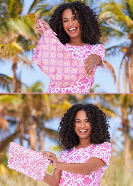 Woman wearing Provence Short Sleeve Dress holding up Provence Large Accessory Bag in front of palm trees above an image of the same woman holding the Provence Small Accessory Bag.