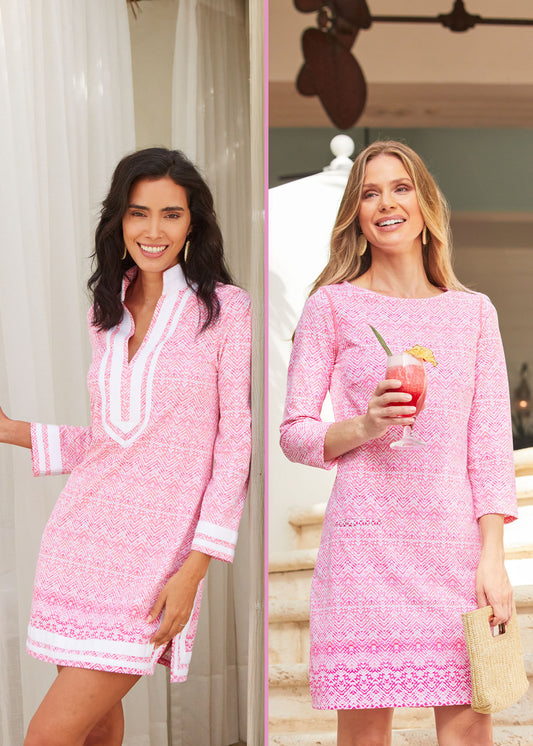 A split screen collage of a dark haired woman wearing the Cabana Life sun protective Algarve Tunic Dress and a blonde woman wearing the Algarve Cabana Shift Dress holding a pink drink on stairs. 