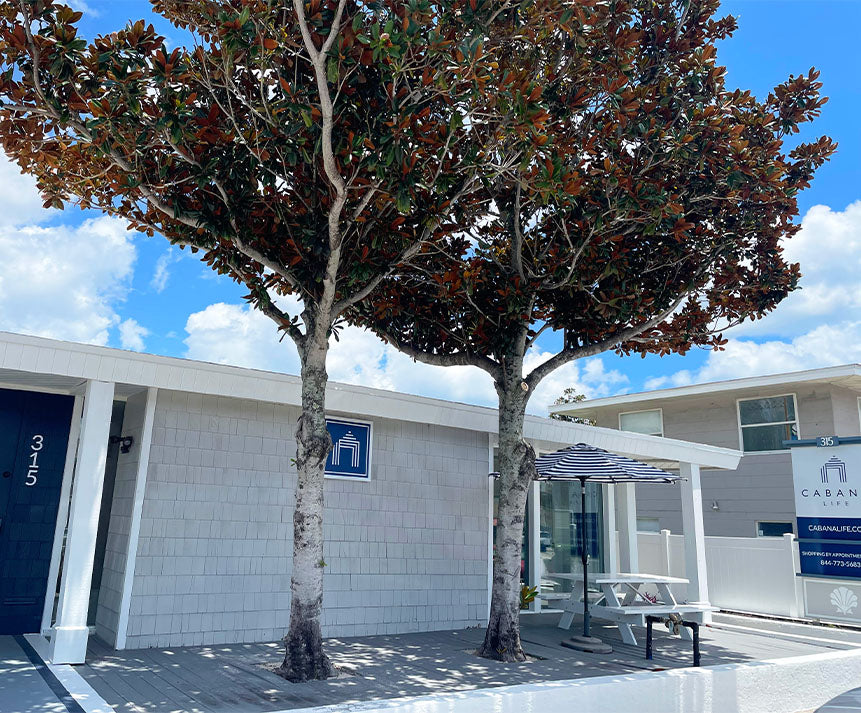 Grey building with trees on deck