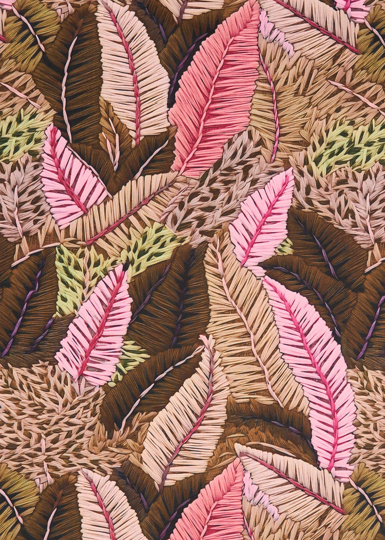 A close up of Cabana Life's sun protective Myers palm print fabric.