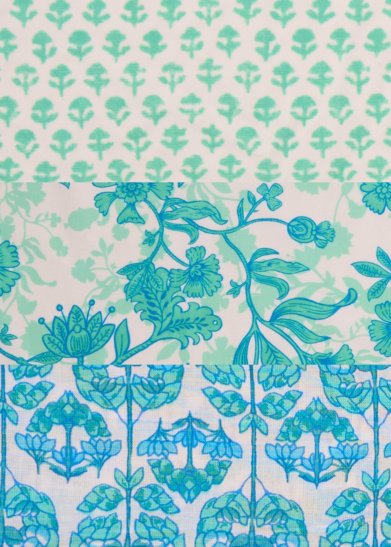 A mix of green and blue floral prints from Cabana Life's Rosemary Beach Collection of sun protective fabrics.