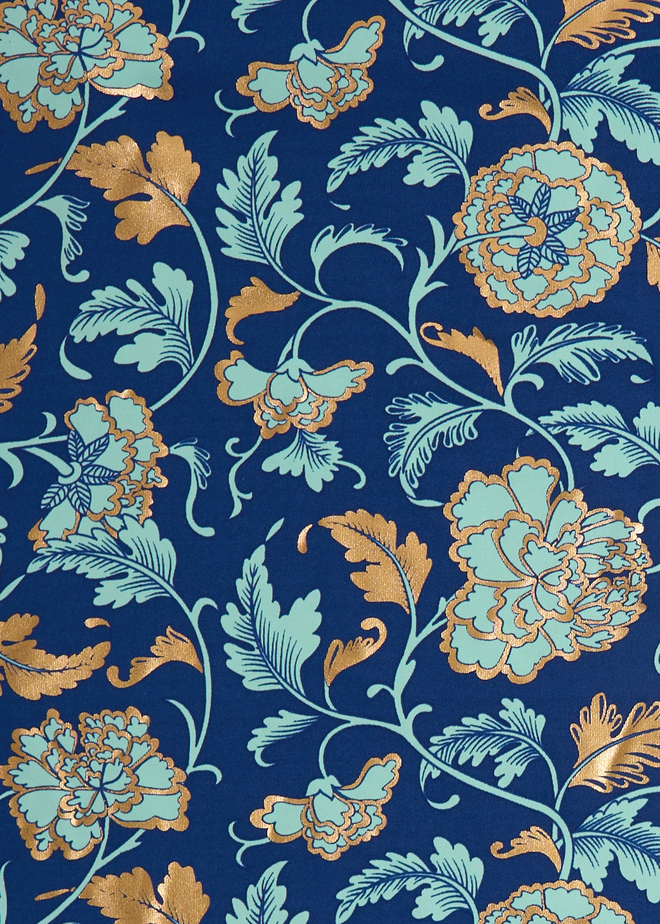 A close up of the navy, light blue and gold floral printed Cabana Life sun protective fabric.