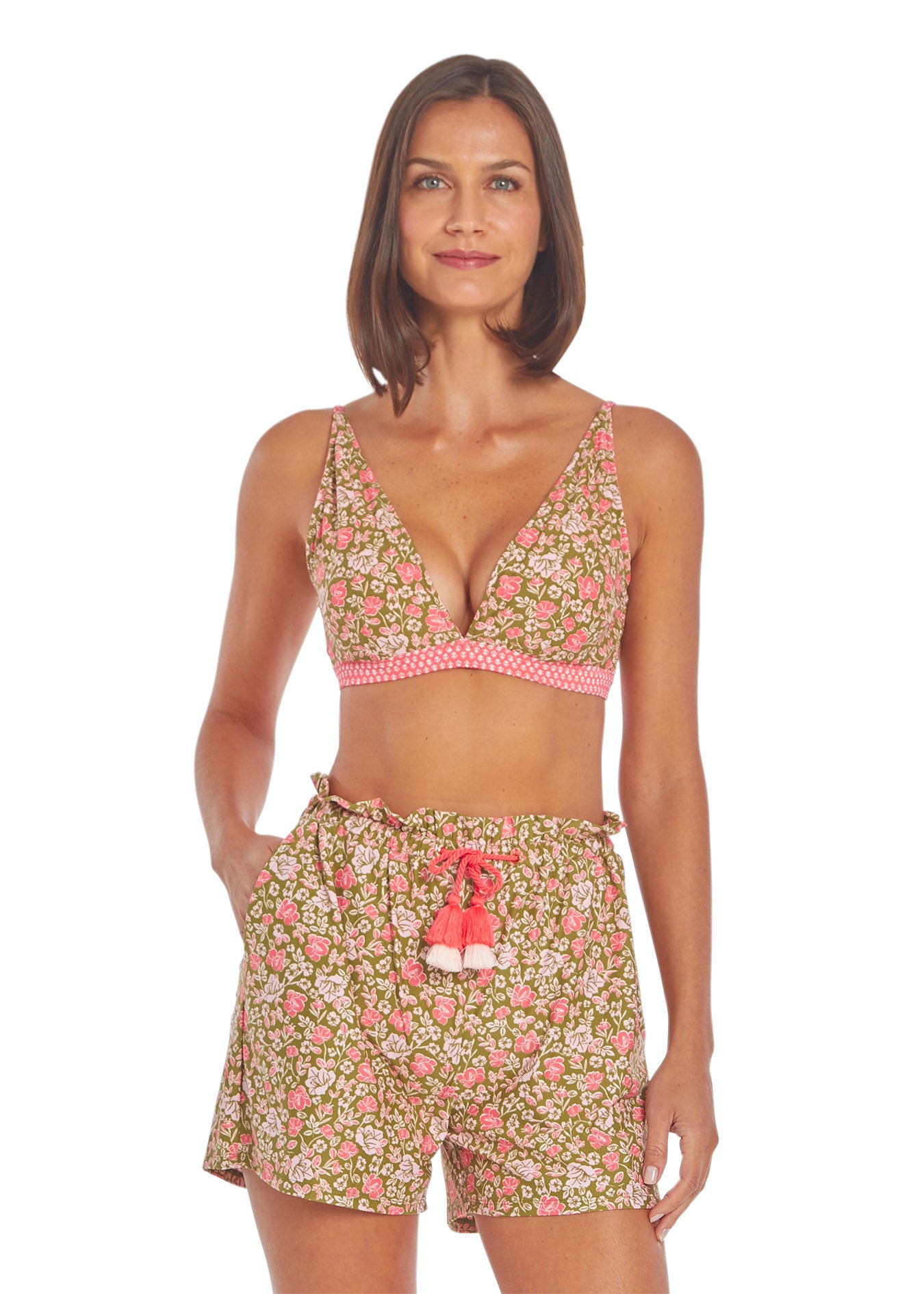 Woman wearing Jetties Beach Reversible Triangle Bikini Top & Jetties Beach Paperbag Waist Tassel Short