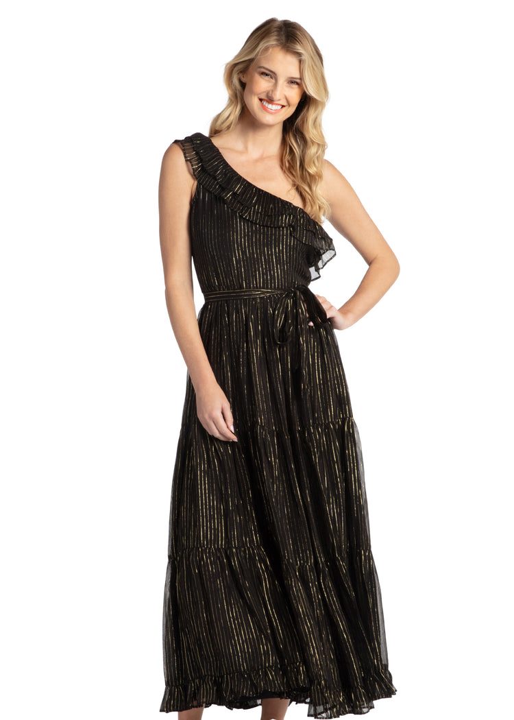 Black Metallic One Shoulder Maxi Dress