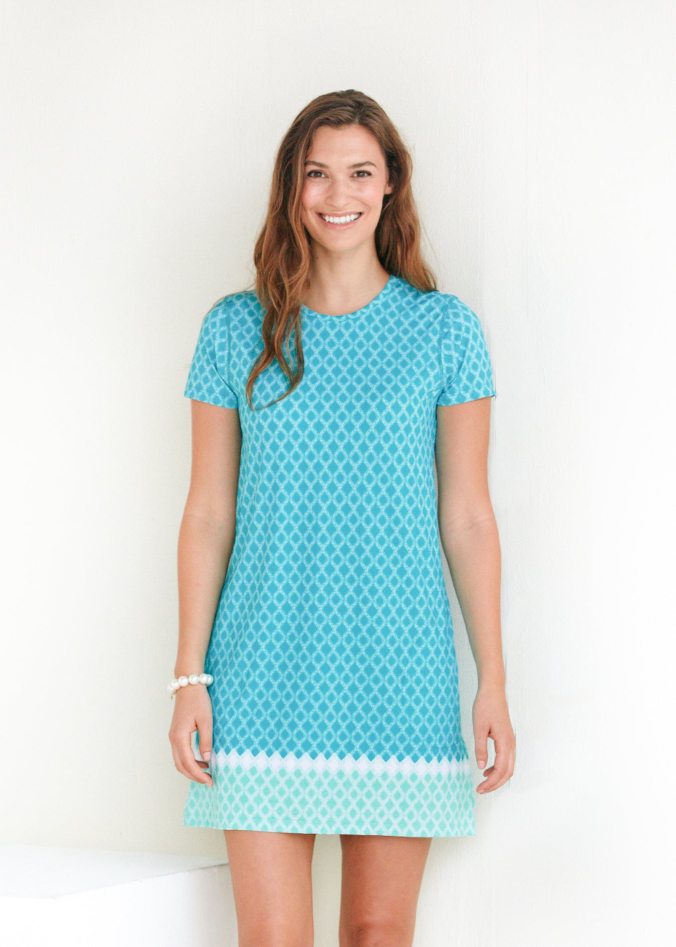 Woman wearing St. Pete Short Sleeve Shift Dress.