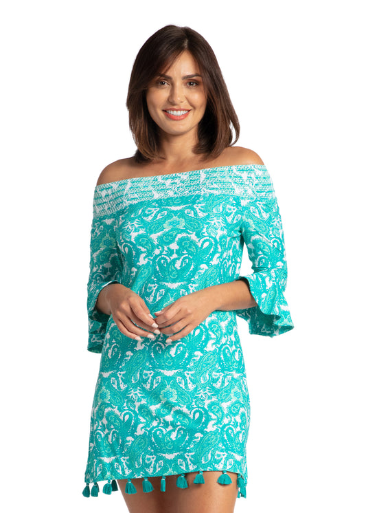 Woman wearing St. Pete Off The Shoulder Dress.